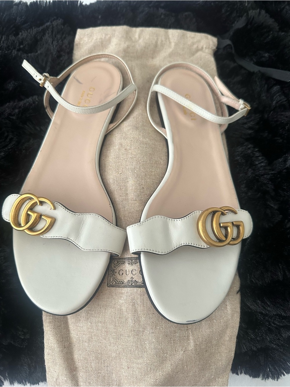 Gucci White Leather Double-G Gold Buckle Sandals